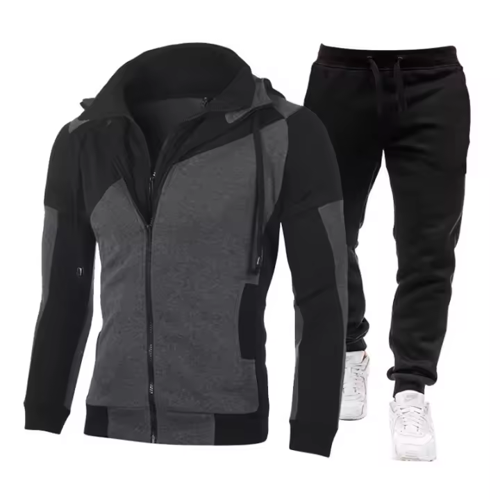 Pantalones con capucha de manga larga informales Splice, deportes de dos piezas para hombre, otoño e invierno - 1
