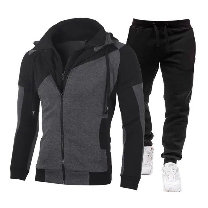 Pantalones con capucha de manga larga informales Splice, deportes de dos piezas para hombre, otoño e invierno - 1