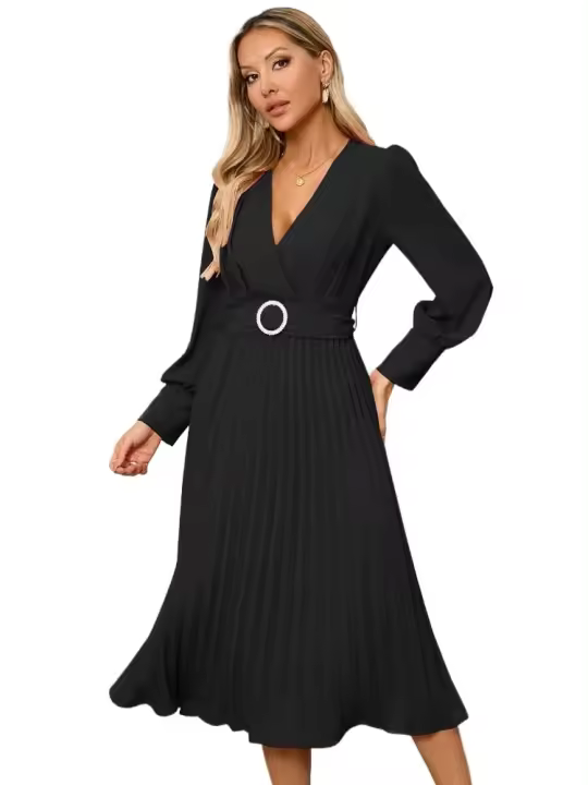 Vestido de manga larga con cuello en V para mujer, ropa de color sólido, 2025 - 1
