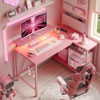 Forma de L con Tomas de Corriente y Luces LED, Escritorio Esquinero con Estantes, Reversible para Ordenador para el Hogar, Oficina, Dormitorio, Espacio Pequeño, 106,5 cm - details 3