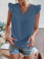 Camiseta elegante a la moda para mujer, camisa informal tejida con encaje plisado de retales de manga corta con cuello en V pequeño para mujer - details 9