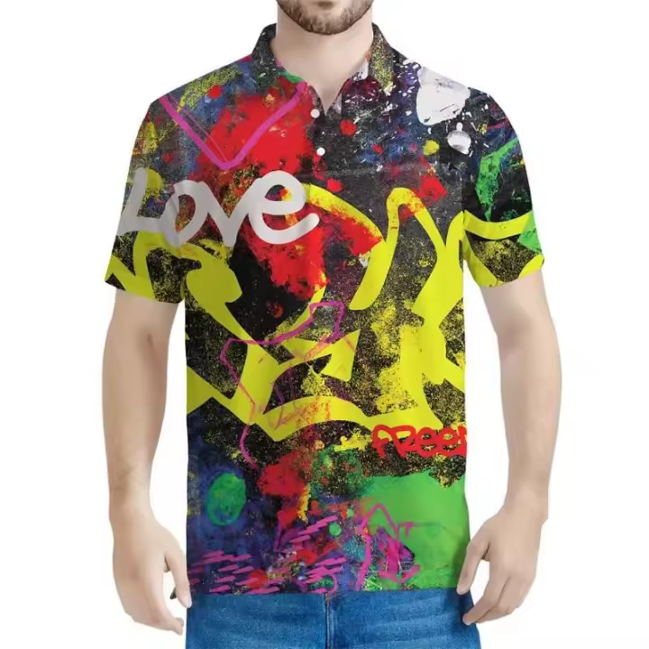 Polo con graffiti 3D para hombre, camiseta informal con solapa de manga corta con estampado de figura retro, camiseta Y2K - 1