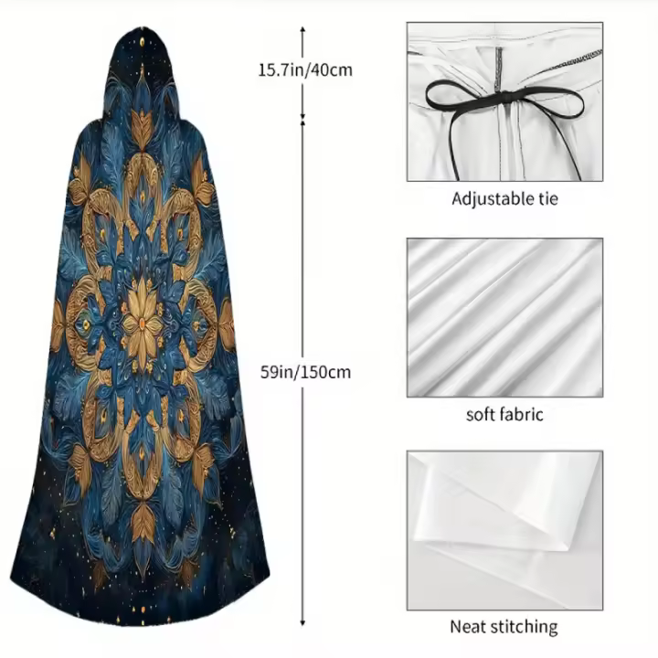 Capa gótica de Halloween - Diseño de mandala en azul profundo y dorado, disfraz con capucha para bruja, vampiro, medieval - Conjunto de fiesta de cosplay - Solo lavado a mano - 1