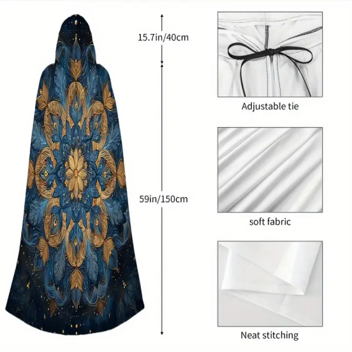 Capa gótica de Halloween - Diseño de mandala en azul profundo y dorado, disfraz con capucha para bruja, vampiro, medieval - Conjunto de fiesta de cosplay - Solo lavado a mano - 1