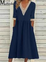 Verano para mujer talla grande cuello en V media manga algodón y lino vestido caftán con bolsillo estilo oficina - details 4