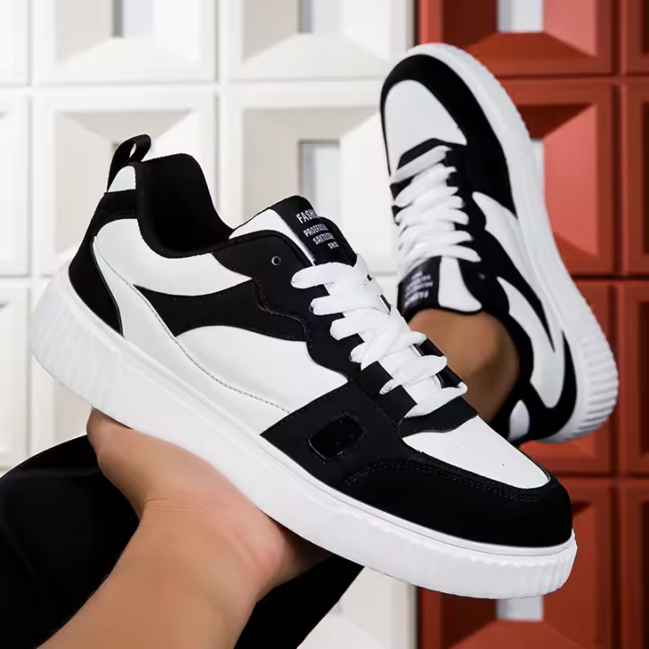 Zapatillas de deporte de cuero para hombre, zapatos vulcanizados con cordones, informales, cómodas, para caminar, color blanco y negro - 1