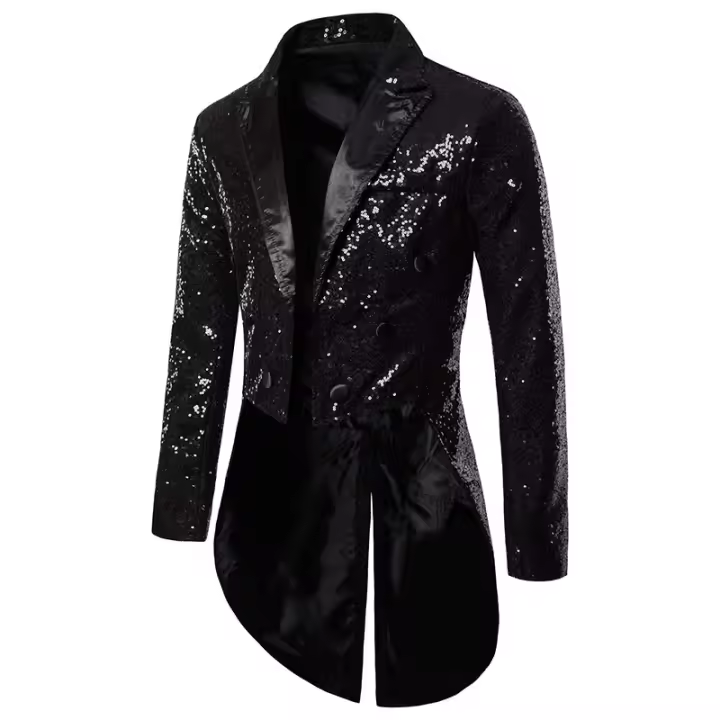 Chaqueta de esmoquin con lentejuelas para hombre, abrigo ajustado con cola - 1