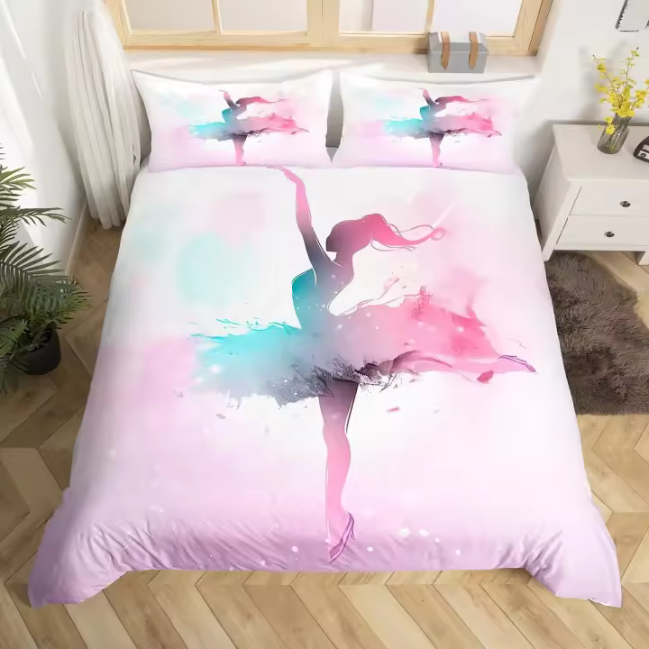 Juego de Ropa de Cama de Ballet de Moda 3PCS Fundas de Edredón de Poliéster con Diseño de Parche Geométrico de Bailarina Elegante Ideal para Niñas Amantes del Ballet - 1
