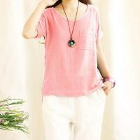 Camiseta Holgada de Lino y Algodón para Mujer Camisas de Manga Corta, Top Informal con Cuello Redondo, Verde Holgado, Top de Verano - details 7