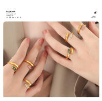 Conjunto de anillos de circón brillante geométrico elegante, joyería portátil de acero inoxidable 316L con hoja de arce - details 3