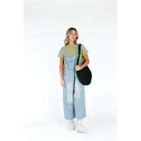 Moda desgastada suelta de pierna ancha cómoda correa casual Denim Overalls para mujer - details 14