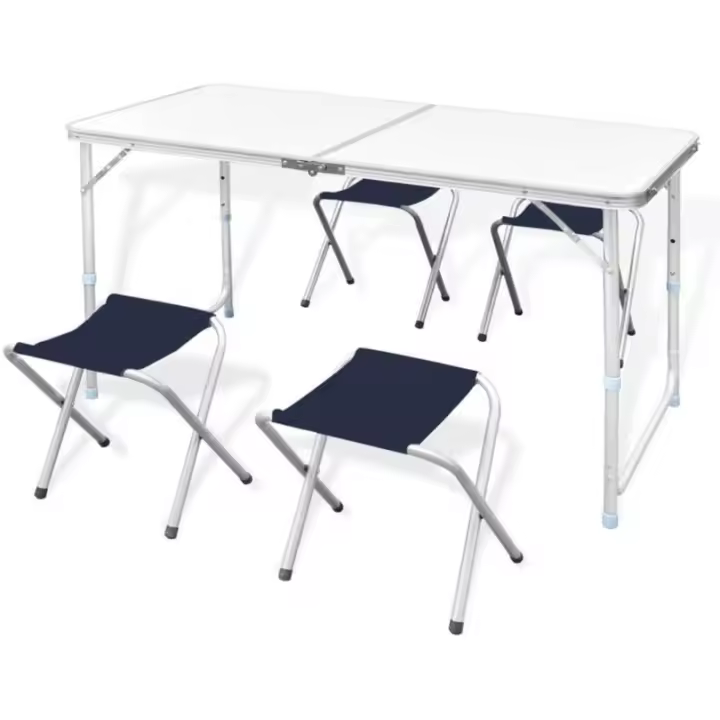 Mesa de Camping Portátil 120x60x70cm con 4 Taburetes Plegables Altura Ajustable Diseño Claro Gris - 1