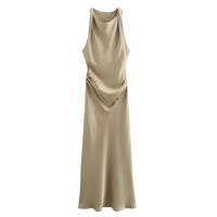 TRAF 2024 vestido Midi de satén fruncido para mujer, vestido largo sin mangas de verano para mujer, vestidos de fiesta elegantes plisados - details 4