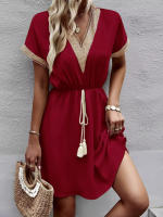 DamasVVestido de manga larga con cuello de linternas, vestido de camisa de longitud media con borla, cinturón, Vestido de playa - details 7