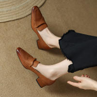 Zapatos pequeños de punta cuadrada estilo francés para mujer, tacón bajo, tacón grueso, zapatos pequeños de cuero - details 14
