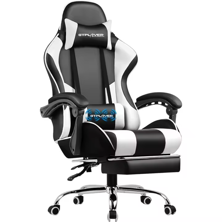Silla Gaming con Masajeador Ergonómica Silla Gamer con Reposapiés Reposacabeza, Silla de Oficina Ergonómica, Soporte Lumbar, Silla Juego Ajustable en Altura, Blanco - 1