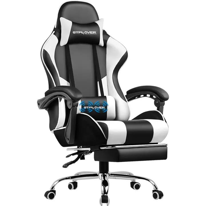 Silla Gaming con Masajeador Ergonómica Silla Gamer con Reposapiés Reposacabeza, Silla de Oficina Ergonómica, Soporte Lumbar, Silla Juego Ajustable en Altura, Blanco - 1