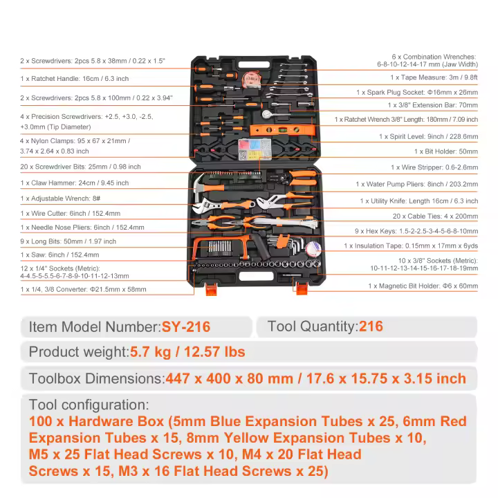 SucceBuy Kit de herramientas, juego de herramientas manuales generales para el hogar, con estuche de almacenamiento portátil, acero de alta calidad, para el mantenimiento del hogar, tareas de bricolaje y reparaciones de automóviles - 1