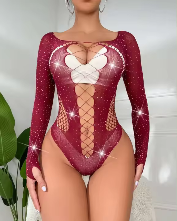 Body a cuadros de manga larga con diamantes de cristal, vestido de pedrería, lencería sexy - 1