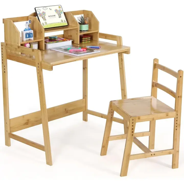 Escritorio de Bambú Ajustable para Niños Set de Mesa y Silla con Soporte de Libros y Espacio de Almacenamiento - 1