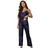 Elegante Conjunto de Satén para Mujer Manga Corta, Bolsillo, Pantalones Largos - details 0
