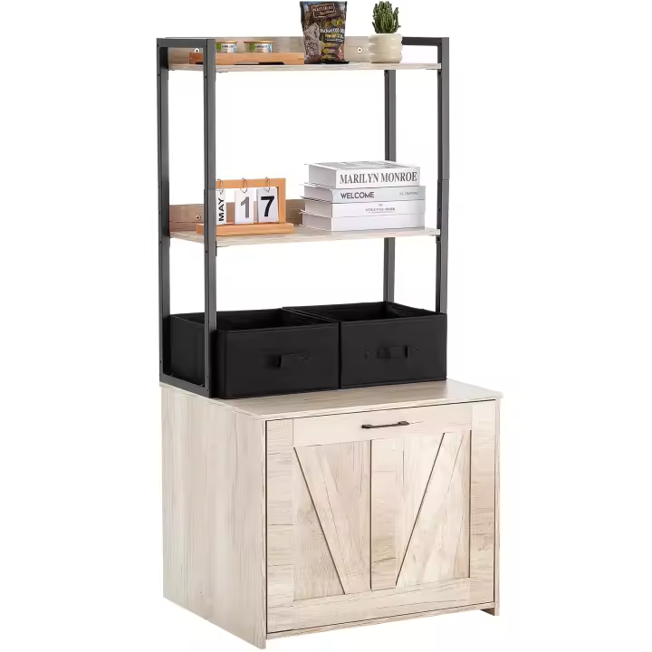 SucceBuy Caja de arena para gatos, mueble oculto para caja de arena con 2 estantes de almacenamiento y 2 cestas, baño de madera para gatos en interiores, gabinete para casa de gatos, se adapta a la mayoría de las cajas de arena, 23.6"L x 19.7"W x 50"H, Na - 1