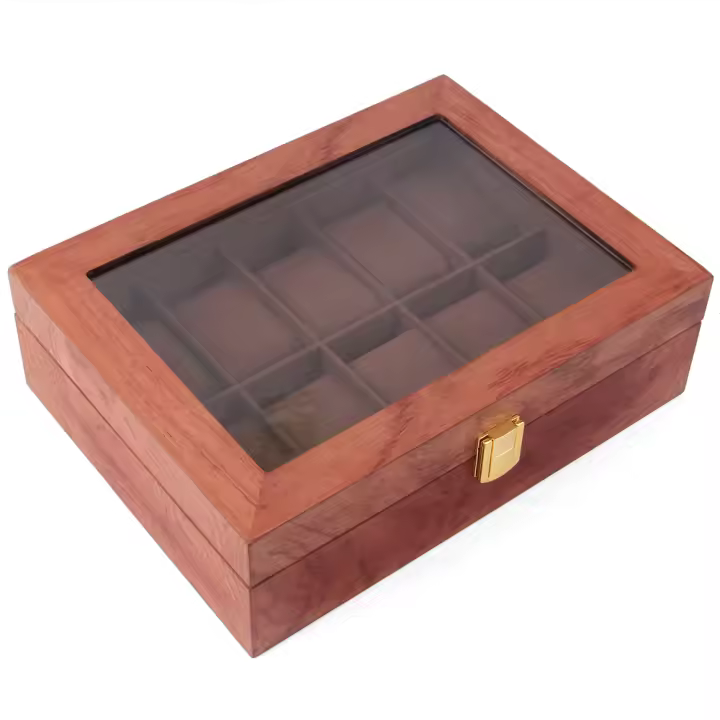 Caja de Reloj de Madera con 10 Compartimentos Estuche de Reloj con Tapa de Vidrio, Funda de Almohada de Reloj Desmontable, Forro de Terciopelo, Cierre de Metal - 1