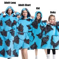 Manta de gran tamaño con capucha para adultos, conjunto de ropa de invierno de lana para la familia, dinosaurio, tiburón, Tigre, gris y rosa - details 16