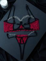 Conjunto de lencería de encaje floral erótico, sujetador abierto transparente y tanga con cadena, lencería sexy y ropa interior - details 18