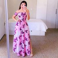 Elegante Vestido Midi de Hombros Descubiertos para Mujer 2024 Cintura Alta, Manga Corta, Estampado, Moda de Verano - details 11