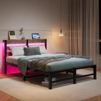 Marco de cama doble con estación de carga y luces LED, plataforma de metal resistente, marco de cama doble de 135 x 190 cm con cabecero de madera con almacenamiento, no necesita - details 46