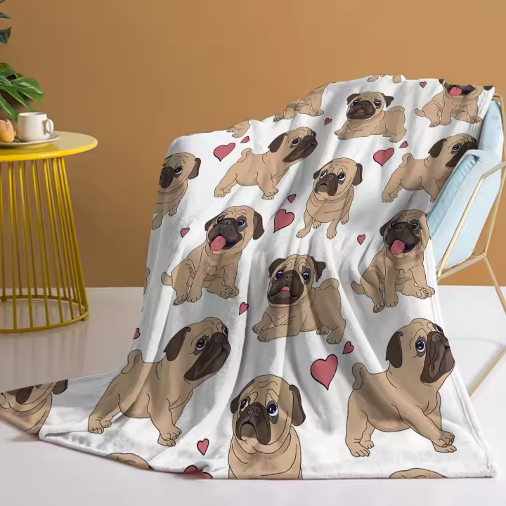 Manta de Pug para niños y adultos, lindos perros con corazones rojos, manta acogedora para sofá, cama, sala de estar - 1