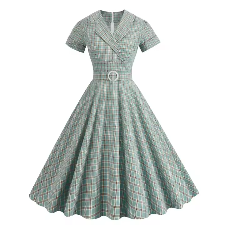 Elegante Vestido Midi Retro con Cuello en Lazo de Cintura Alta Estilo Rockabilly a Cuadros para Mujeres Otoño Vestido Elegante Cinturado - 1