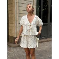 Wolfeel, novedad de verano, conjunto de pantalones cortos de manga corta con estampado de algodón 100%, Top de manga de burbuja con tirantes para mujer, pantalones cortos informales sueltos, conjunto de 2 piezas - details 4