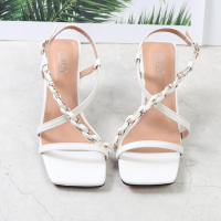 Sandalias de mujer de talla grande, color sólido, estilo trenzado, tacón alto con tiras y punta cuadrada - details 7