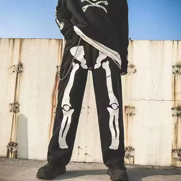 Jeans de Graffiti de Hueso de Calle Pantalones Anchos y Sueltos para Hip Hop con Luz Nocturna - 1