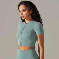 Hamidou-Camiseta deportiva con cremallera para mujer, Top elástico ajustado y transpirable, ropa deportiva para gimnasio, correr y Yoga - details 14