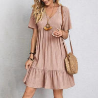 Vestido corto bohemio de verano para mujer, minivestido holgado de manga corta con cuello en V y volantes, informal - details 6