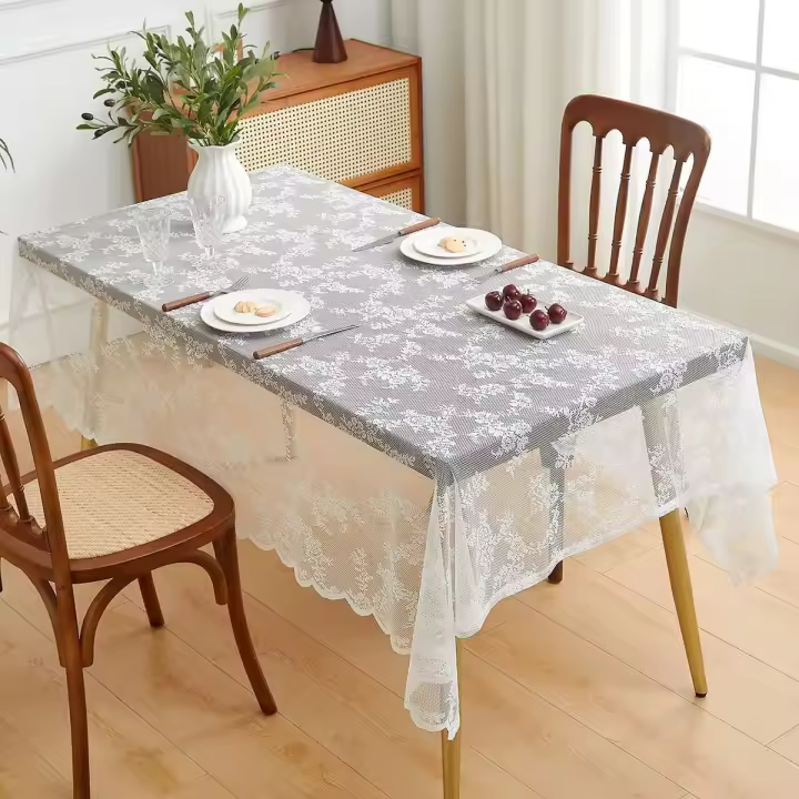 Mantel plegable con flores ENCE de color blanco puro para bodas, fiestas y mesas de comedor. - 1