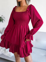Vestido elegante de manga larga para mujer, falda de cuello cuadrado, de Color sólido vestido de volantes, moda de primavera y otoño - details 14