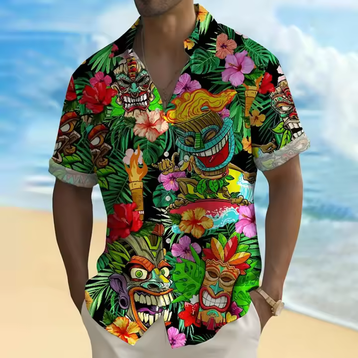 Camisa Vintage para hombre con estampado de diseño Maya, camisa hawaiana de manga corta con solapa informal para exteriores, ropa holgada de calle - 1