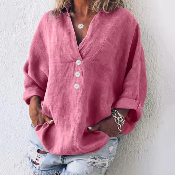 Estilo simple con bolsillos individuales para mujer, decoración de botones y blusa holgada de lino de algodón con cuello en V de color sólido - 1