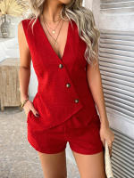 Conjunto de chaleco con botones estilo vacaciones de color sólido casual de primavera verano ropa de mujer. - details 10