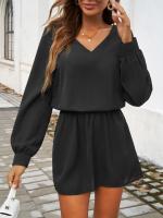 Minivestido informal de manga larga con cuello en V para mujer, color sólido, 2025 - details 1