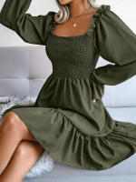Vestido elegante de manga larga para mujer, falda de cuello cuadrado, de Color sólido vestido de volantes, moda de primavera y otoño - details 5