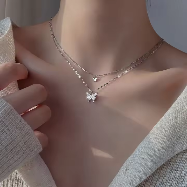 Nuevo collar de mariposa brillante para mujer, exquisito collar de cadena de clavícula de doble capa, joyería para regalo de mujer - 1
