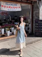 Dos vestidos camisola de encaje a cuadros falsos, estilo de vacaciones junto al mar de verano para mujer, sentido del diseño, falda larga de nicho - details 0