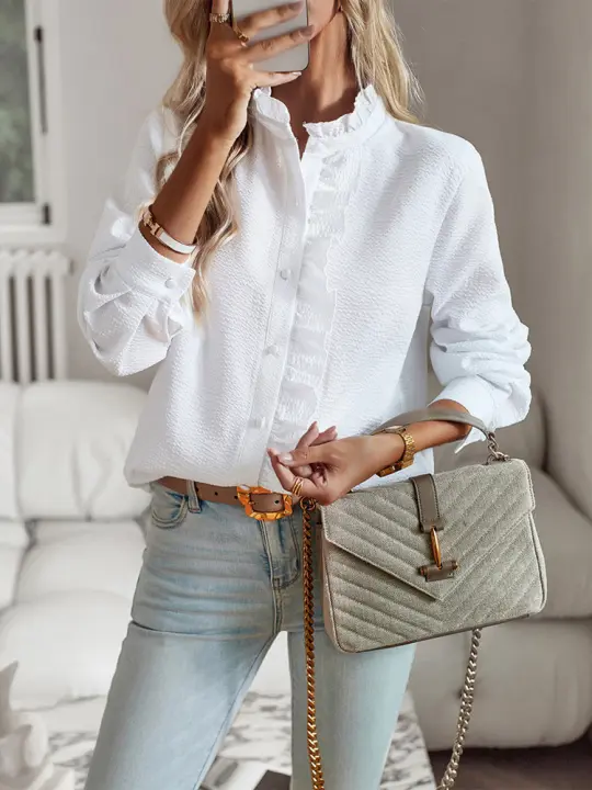 Camisa larga a rayas para mujer, blusa blanca con cuello de cordones, botones, otoño e invierno, 2023 - 1