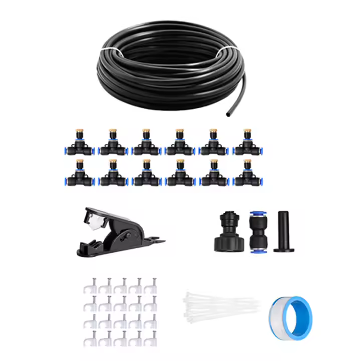 Sistema de enfriamiento por nebulización para exteriores, 33 pies (10M), línea de nebulización DIY, boquilla de latón de 12 Uds. (3/4 pulgadas), trampolín para invernadero de jardín - 1