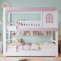 Litera, Cuna Con ventanas, con protector abatible, Estante abierto, Cueceras rosas, Dos cajones con ruedas, Mucho espacio de almacenamiento, Pino+MDF, Blanco+Rosa, 90x200cm - details 0